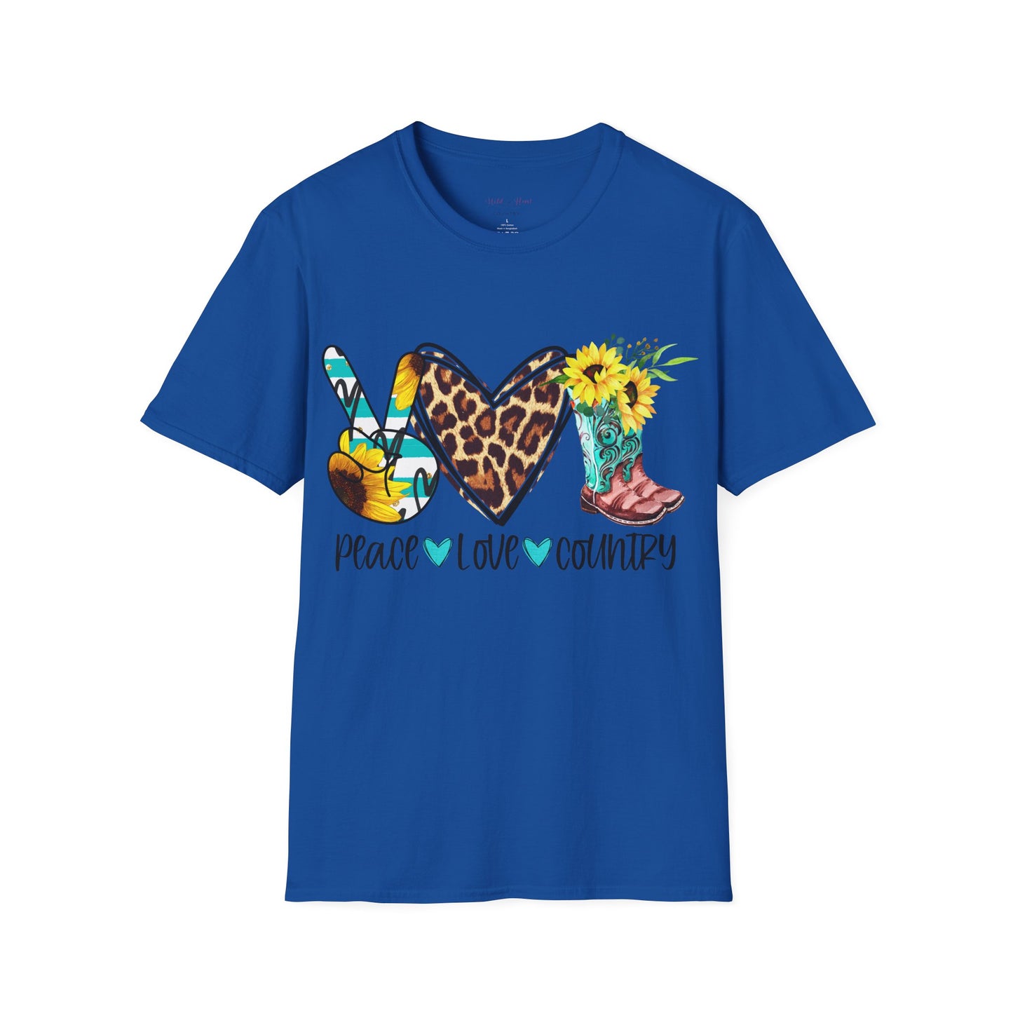 Blue t-shirt with a peace sign, heart, cowboy boot, and sunflower design on a white background