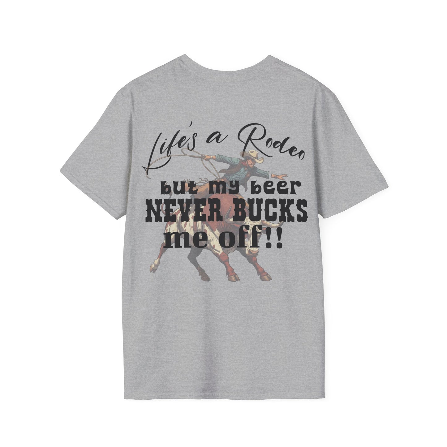 Gray t-shirt with a graphic of a person riding a horse and text on a white background