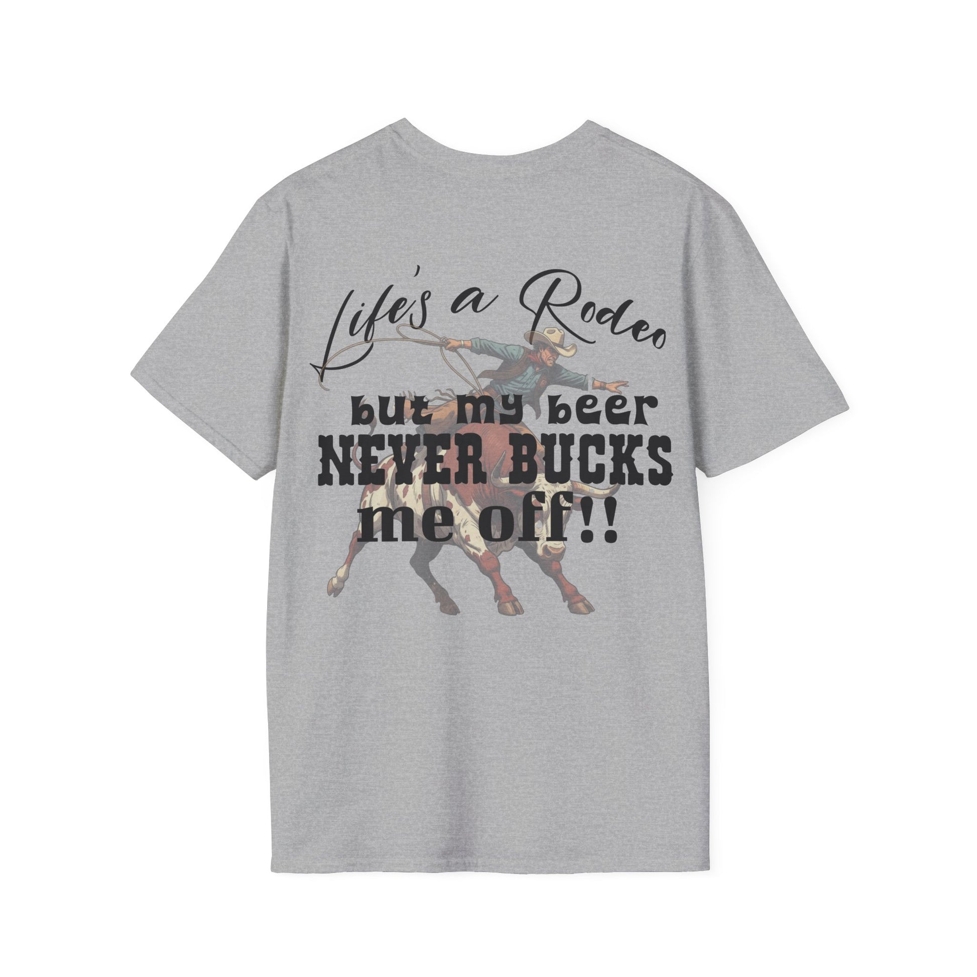 Gray t-shirt with a graphic of a person riding a horse and text on a white background