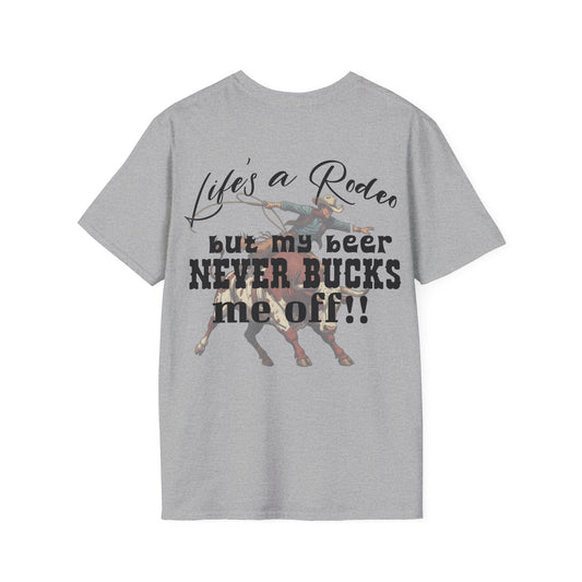 Gray t-shirt with a graphic of a person riding a horse and text on a white background