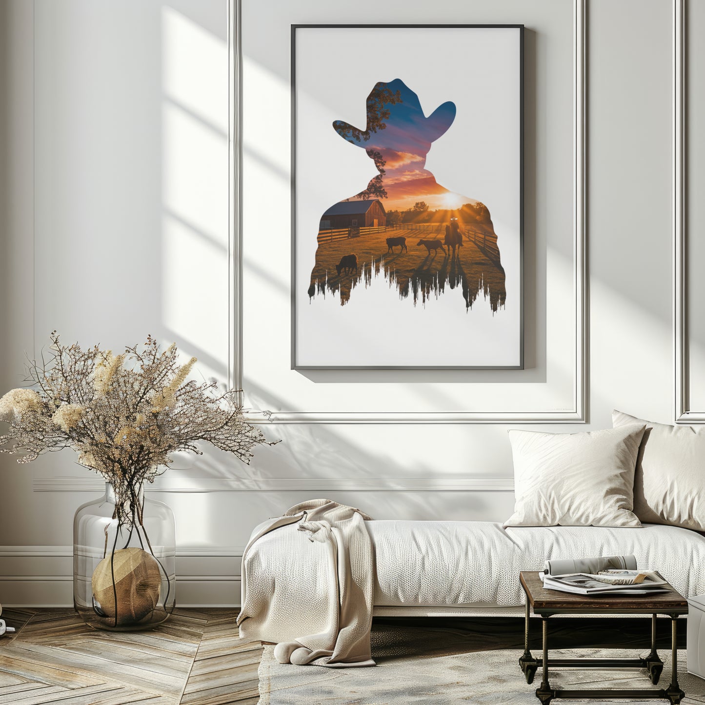 Sunset Cowboy Silhouette – Double Exposure Western Wall Art Print