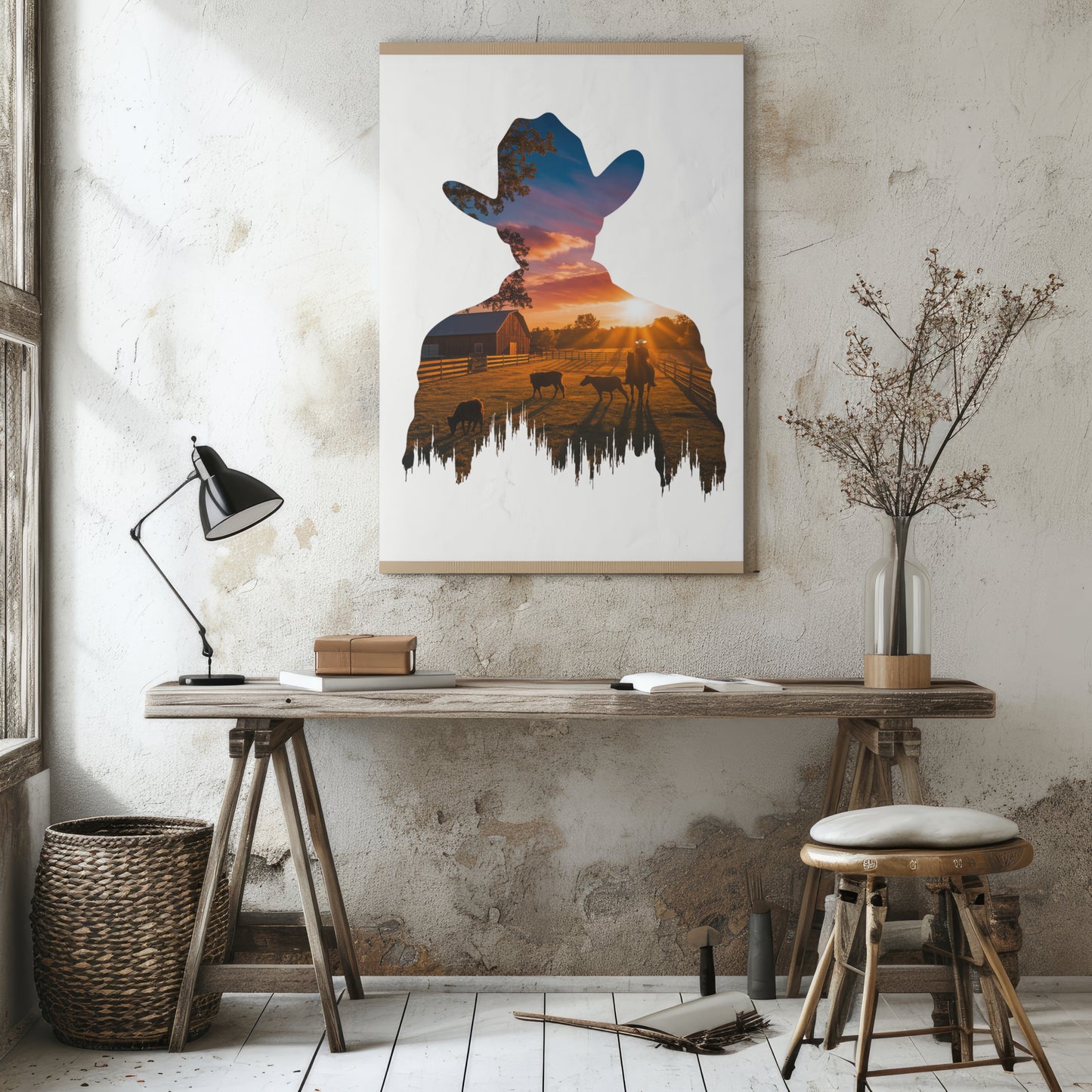 Sunset Cowboy Silhouette – Double Exposure Western Wall Art Print