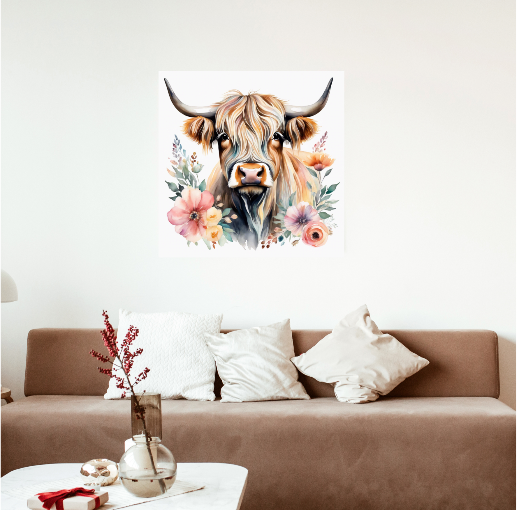 featuring a majestic Highland cow adorned with a delicate array of watercolor flowers in soft pinks and oranges.