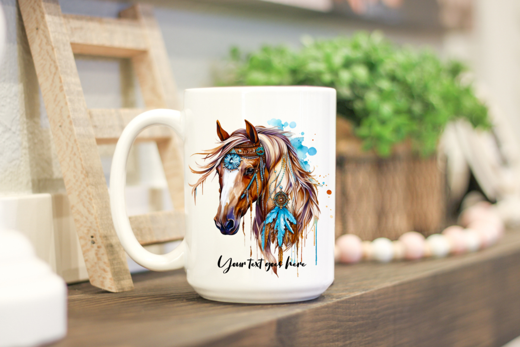 Featuring a beautifully detailed watercolor horse adorned with turquoise beads, feathers, and intricate tribal-inspired accents