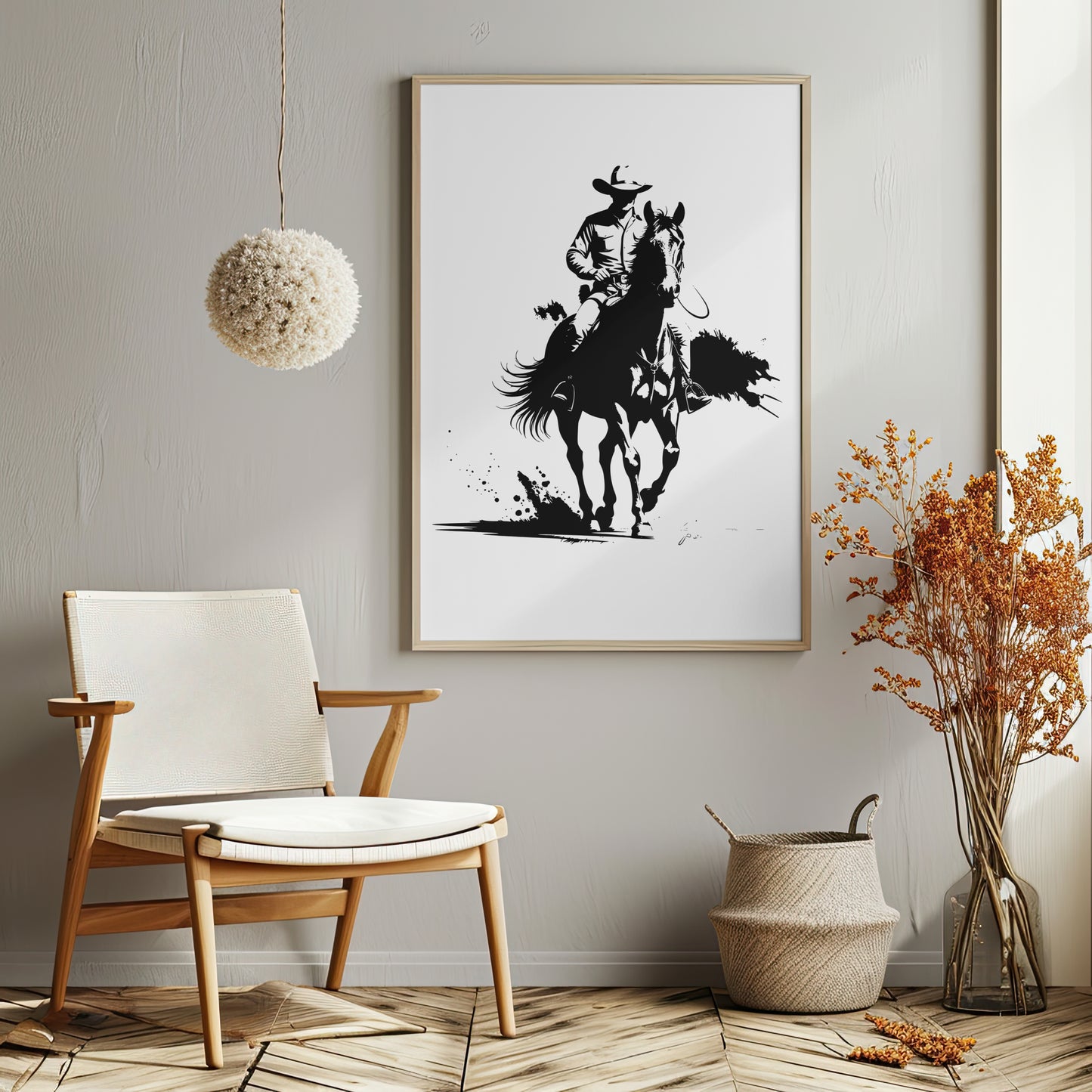 Bold Cowboy on Horseback – Black and White Western Ink Style Canvas