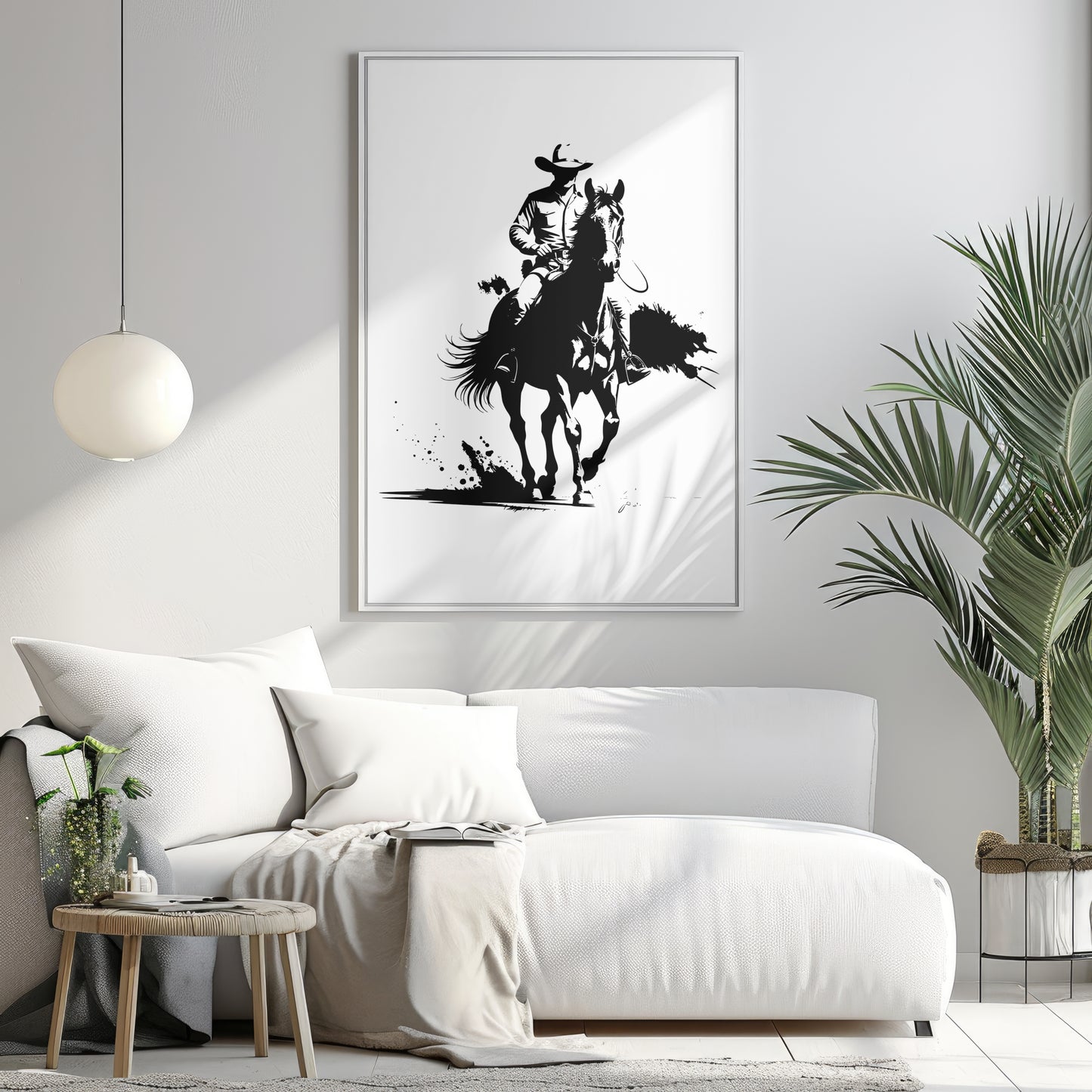 Bold Cowboy on Horseback – Black and White Western Ink Style Canvas