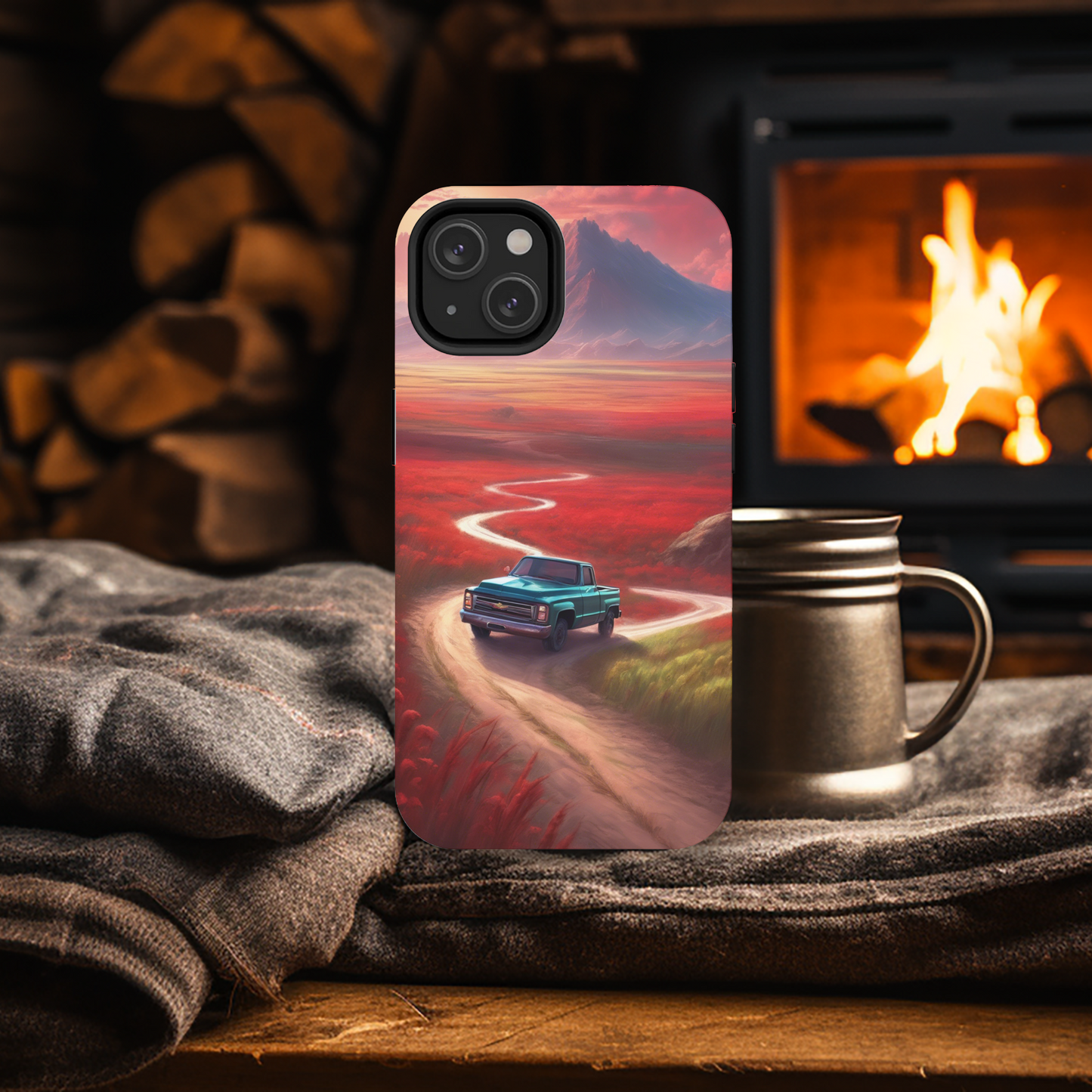 Blue Chevy Sunset Scene Phone Case