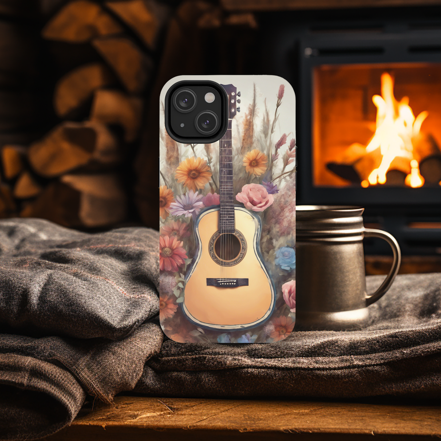 Boho Guitar with Flowers Design Phone Case