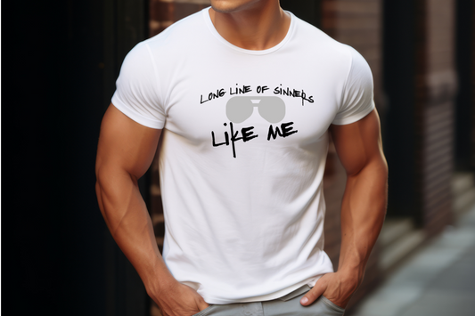 Black text "Long line of sinners like me" with the shape of sunglasses 