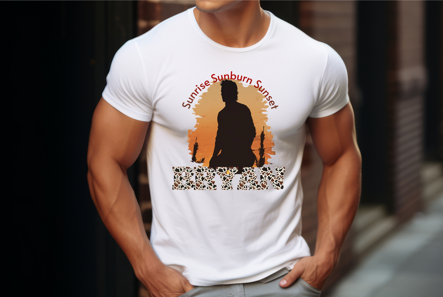 striking sunset backdrop and silhouette imagery. The bold leopard print letters spelling out “BRYAN” add an edgy touch to this casual piece