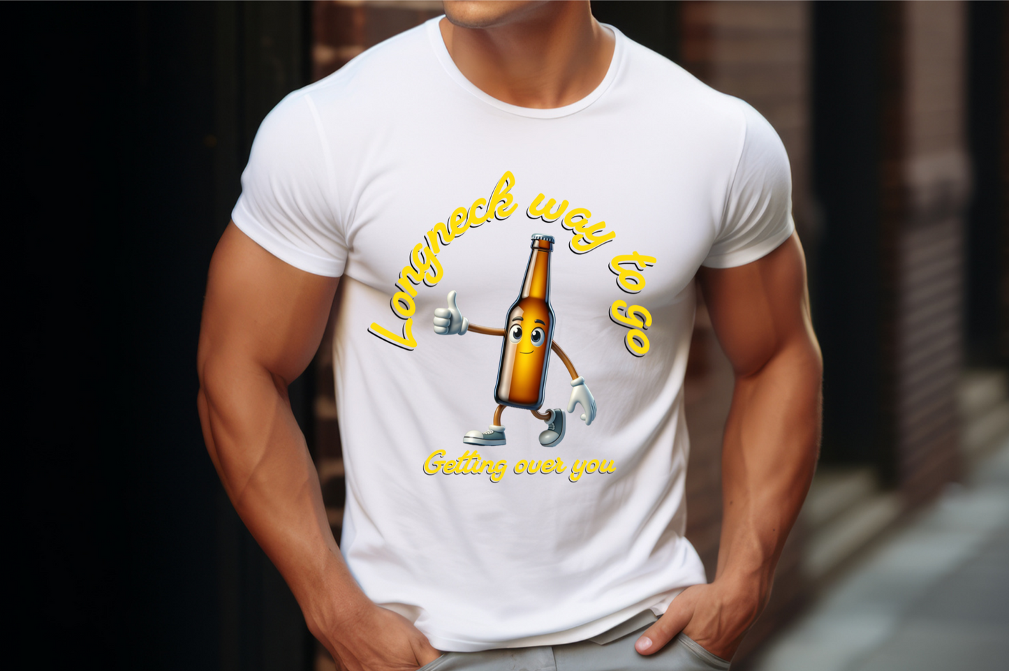 The front of the shirt showcases a cheerful, animated beer bottle character giving a thumbs-up, with the text "Longneck way to go" arched above it in bold, yellow script. Below the character, the phrase "Getting over you" is written, completing the playful and relatable theme.