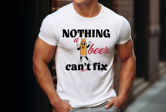 features a playful design with a cartoon beer bottle character, complete with expressive eyes, a smiling mouth, and arms and legs. The character is making a peace sign with one hand and a thumbs-up with the other, embodying the carefree and uplifting spirit of the song. The text "a beer" is written in bold, cursive letters