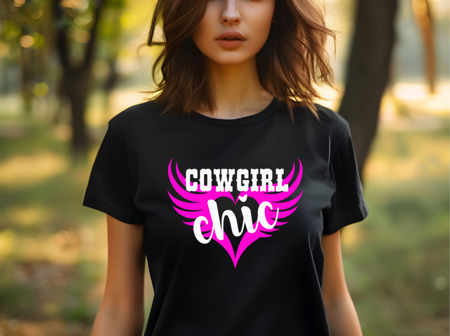 Featuring the words "COWGIRL chic" in a dynamic mix of bold block letters and elegant script, this eye-catching design sits atop a vibrant pink heart with wings