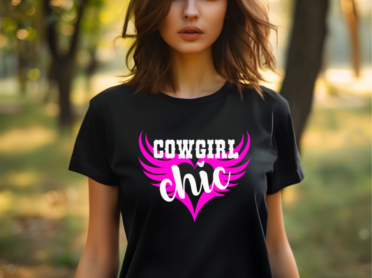 Featuring the words "COWGIRL chic" in a dynamic mix of bold block letters and elegant script, this eye-catching design sits atop a vibrant pink heart with wings