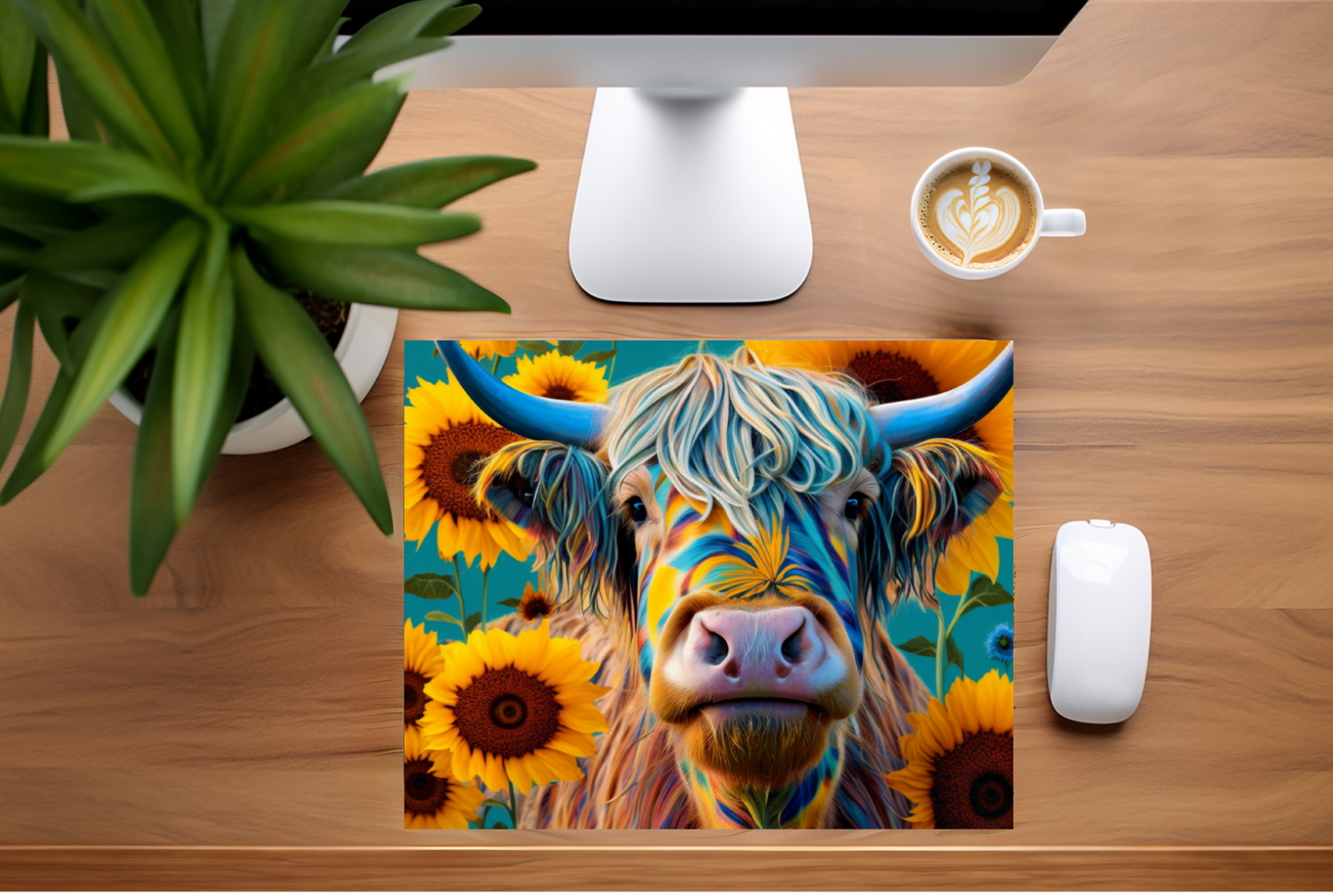 Featuring a vibrant and whimsical design of a Highland cow adorned with psychedelic colors, set against a lively backdrop of golden sunflowers and a clear blue sky