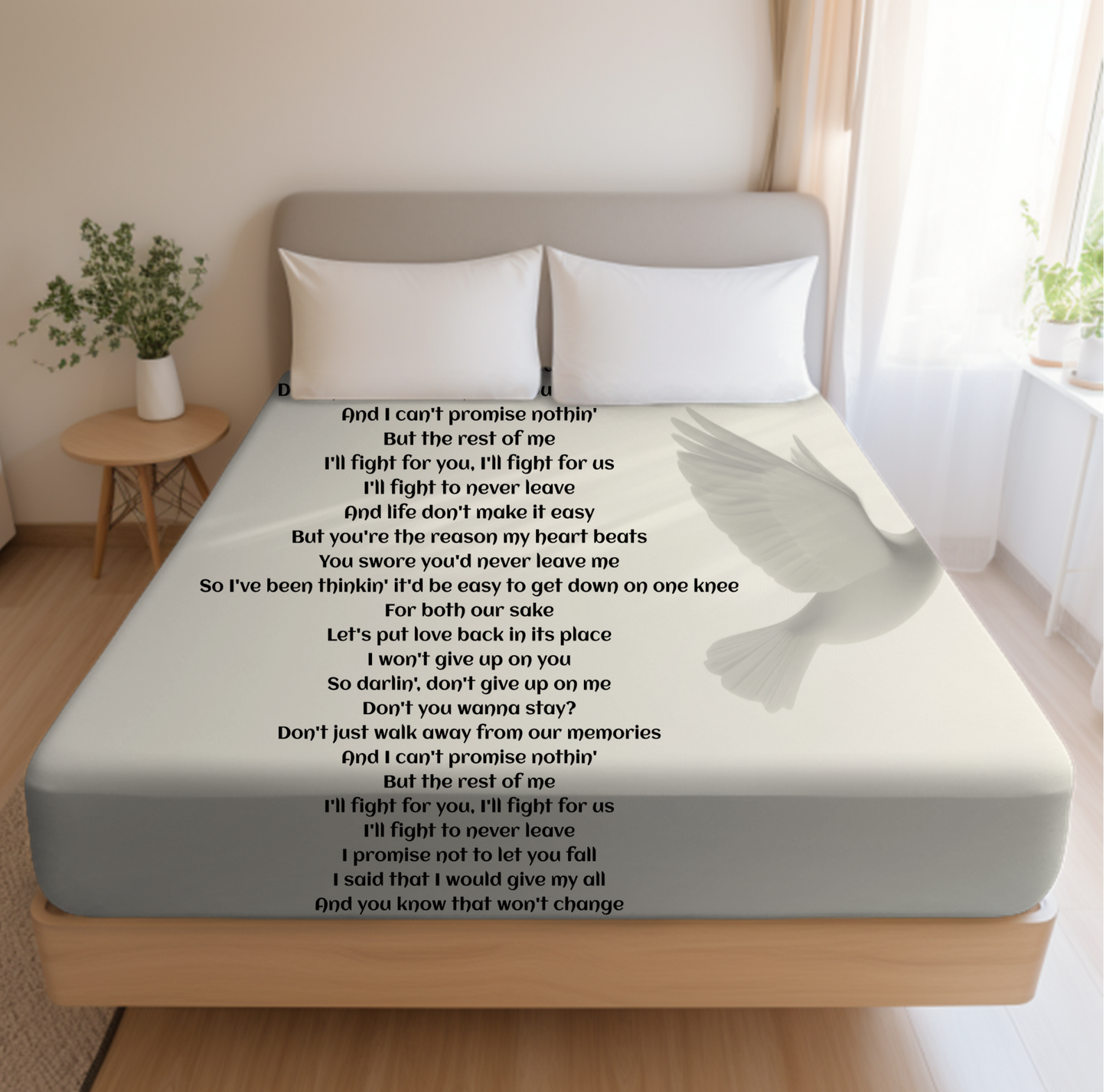 features the heartfelt lyrics of Never Leave printed in elegant, easy-to-read text against a serene background.