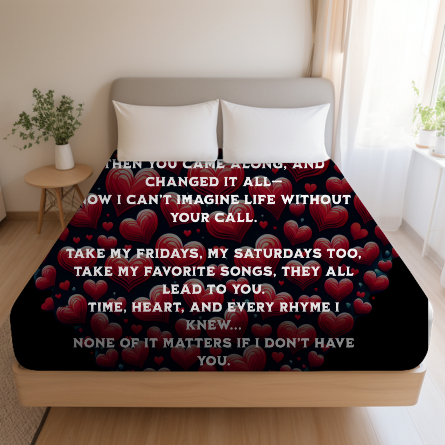 features a heart-shaped arrangement of various sizes of red hearts on a black background, beautifully complementing the lyrics of Nothing Compares to You,