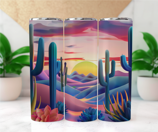 This eye-catching tumbler features a vibrant desert sunset scene, with tall cacti silhouettes standing proudly against rolling purple and blue hills. The sky is a mesmerizing blend of pink, orange, and yellow hues as the sun sets, creating a tranquil and inspiring backdrop. Detailed succulents in the foreground add an extra touch of desert charm. 