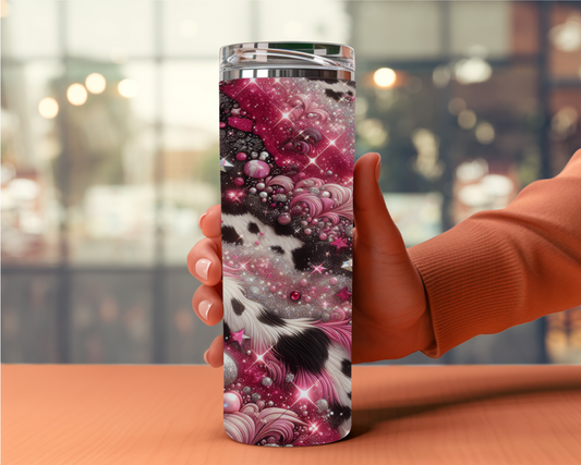 showcases a classic black and white cow pattern, interwoven with dazzling pink and silver accents. The intricate details, including sparkling stars, shimmering pearls, and swirling pink and silver embellishments