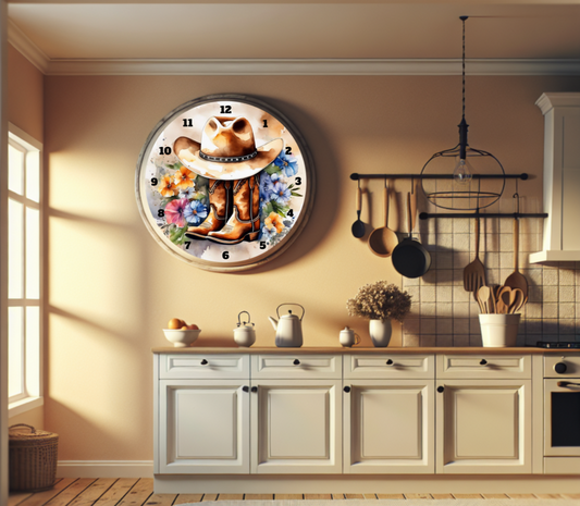  Featuring a beautifully rendered watercolor illustration of a classic cowboy hat and a pair of well-worn boots. Set against a soft backdrop that mimics the texture of aged parchment, this timepiece is adorned with delicate floral accents in shades of orange, blue, and pink, adding a touch of elegance to its rugged appeal
