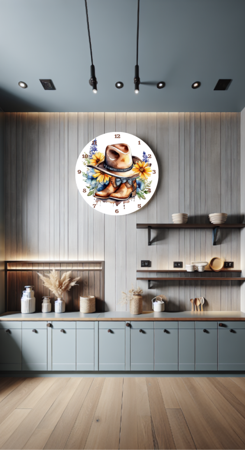  features a beautifully illustrated centerpiece that captures the essence of rustic life. At its heart, a pair of well-worn cowboy boots sit comfortably beside each other, evoking memories of dusty trails and open skies. A classic cowboy hat rests atop, its brim adorned with vibrant yellow sunflowers and delicate blue floral accents