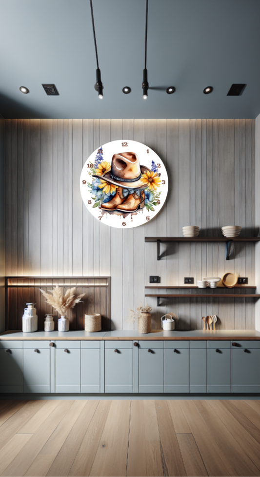  features a beautifully illustrated centerpiece that captures the essence of rustic life. At its heart, a pair of well-worn cowboy boots sit comfortably beside each other, evoking memories of dusty trails and open skies. A classic cowboy hat rests atop, its brim adorned with vibrant yellow sunflowers and delicate blue floral accents