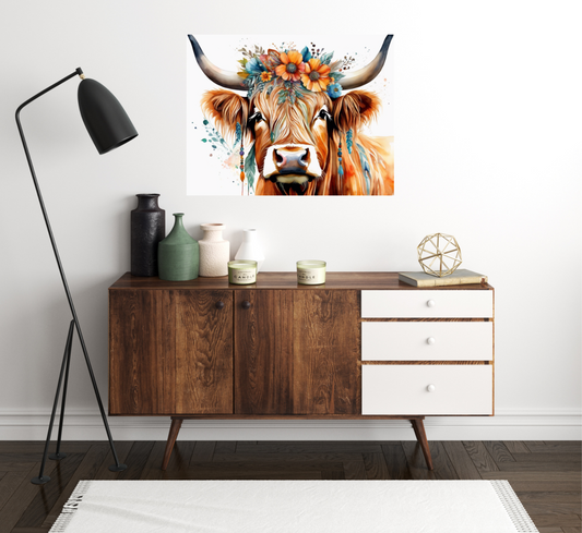 This vibrant print features a close-up portrait of a Highland cow, its shaggy ginger fur rendered in exquisite detail to create a soft, tangible texture. The cow’s head is adorned with an array of vividly colored flowers and foliage