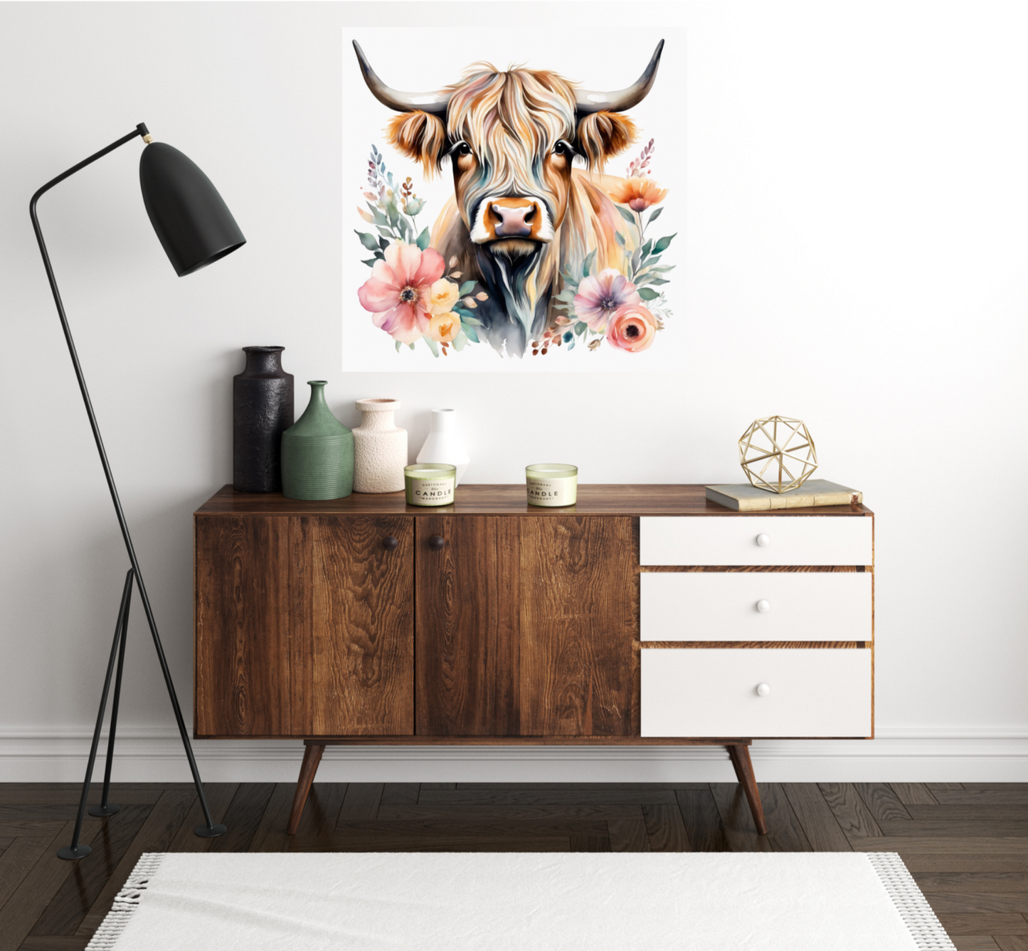 Highland Cow with Floral Wall Print, Rolled Poster, Watercolour poster