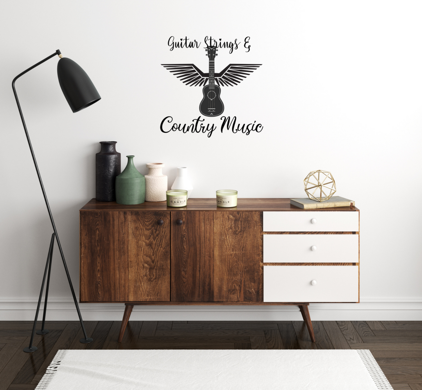This captivating black and white design features an acoustic guitar that morphs into a majestic eagle. The bold text “Guitar Strings” above and “Country Music” below