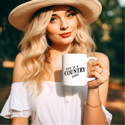 Lady holding a coffee cup with black text reading "life is a country song"