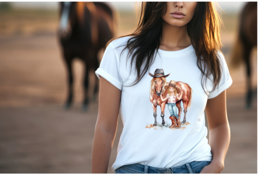 Lady with a white T-shirt with the design of the cowgirl and her horse on it in a rural setting