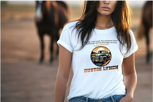 Blue chevy truck in an orange field background. Above the graphic is words to "Chevrolet" by Dustin Lynch 