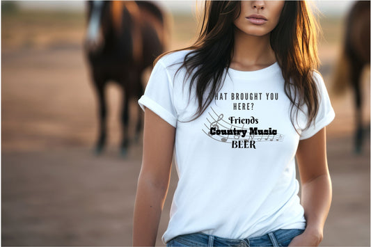 Graphic print t-shirt with black text "What brought you here Friends Country Music Beer and through the background is a row of musical notes