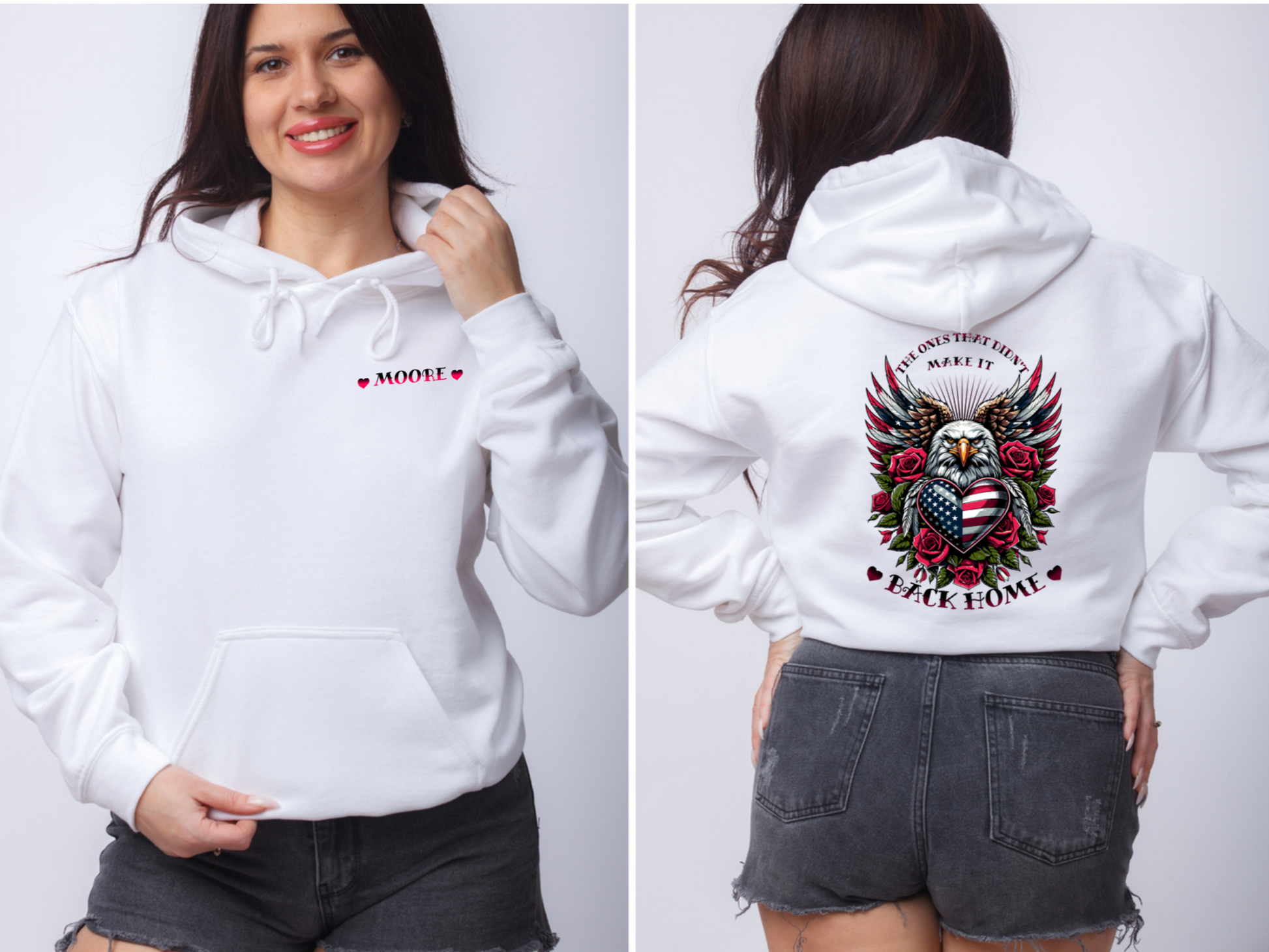 This design features a majestic eagle with its wings spread wide, symbolizing strength and freedom. At the heart of the eagle is an American flag in the shape of a heart, representing unwavering patriotism and love for the country. Surrounding the eagle are red roses