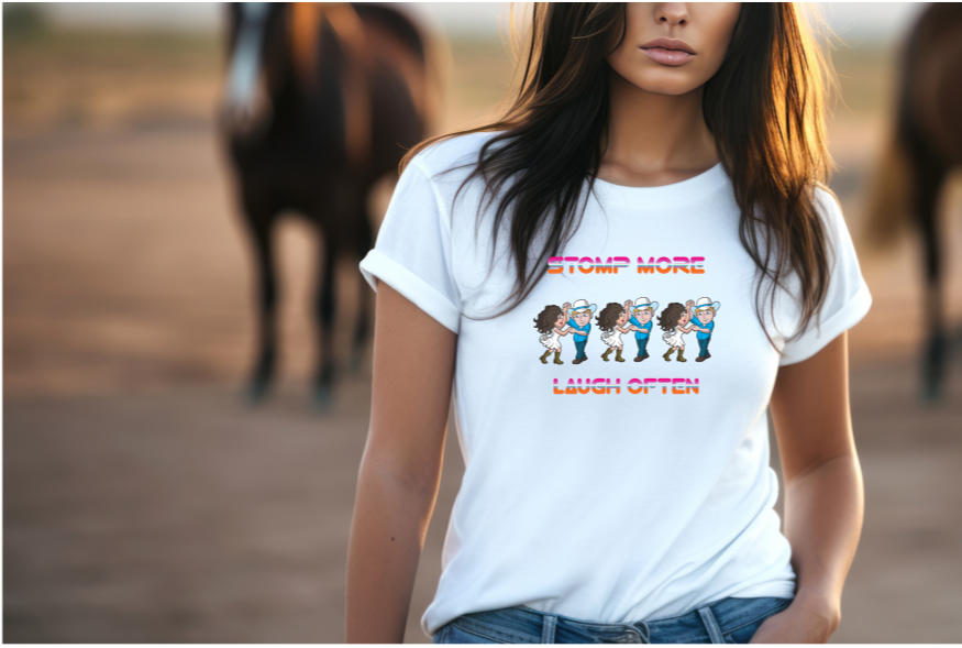 Picture of 3 cartoon couples dancing with the words "Stomp more" written above and "Laugh often" written below