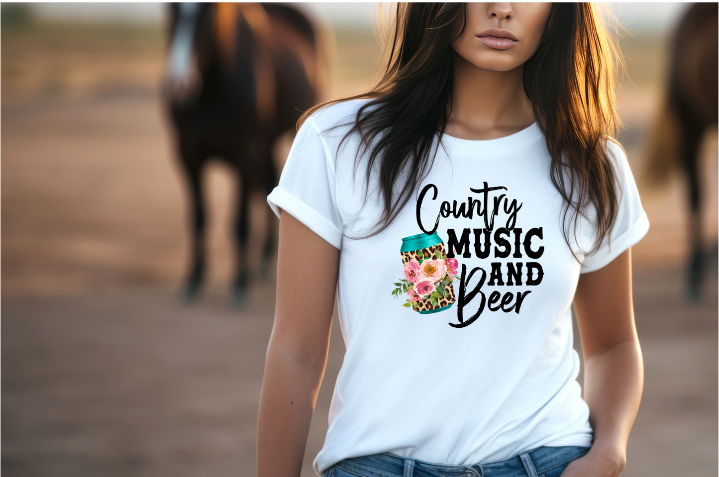 Picture of a can in camo and floral print with the words in black text "Country music and beer"
