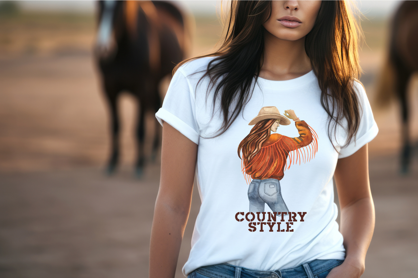 Cowgirl with country style written below her