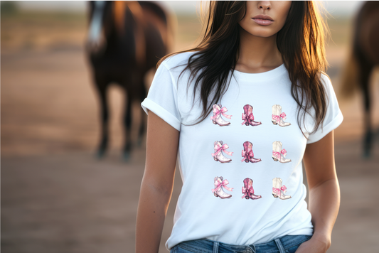 T-shirt design featuring watercolor cowboy boots tied with pink ribbons