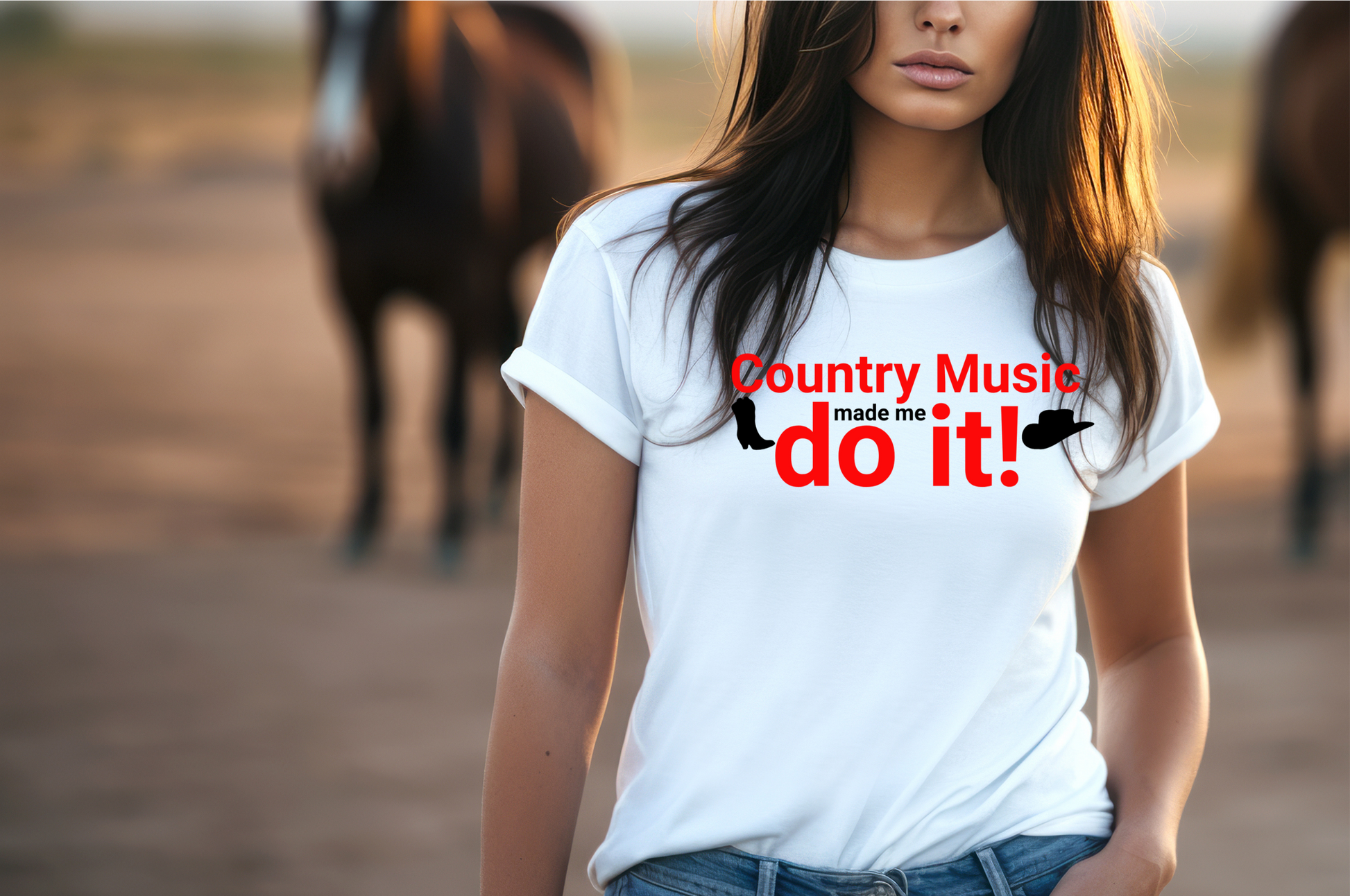 “Country Music made me do it!” in eye-catching red, flanked by the classic silhouettes of a cowboy boot and hat