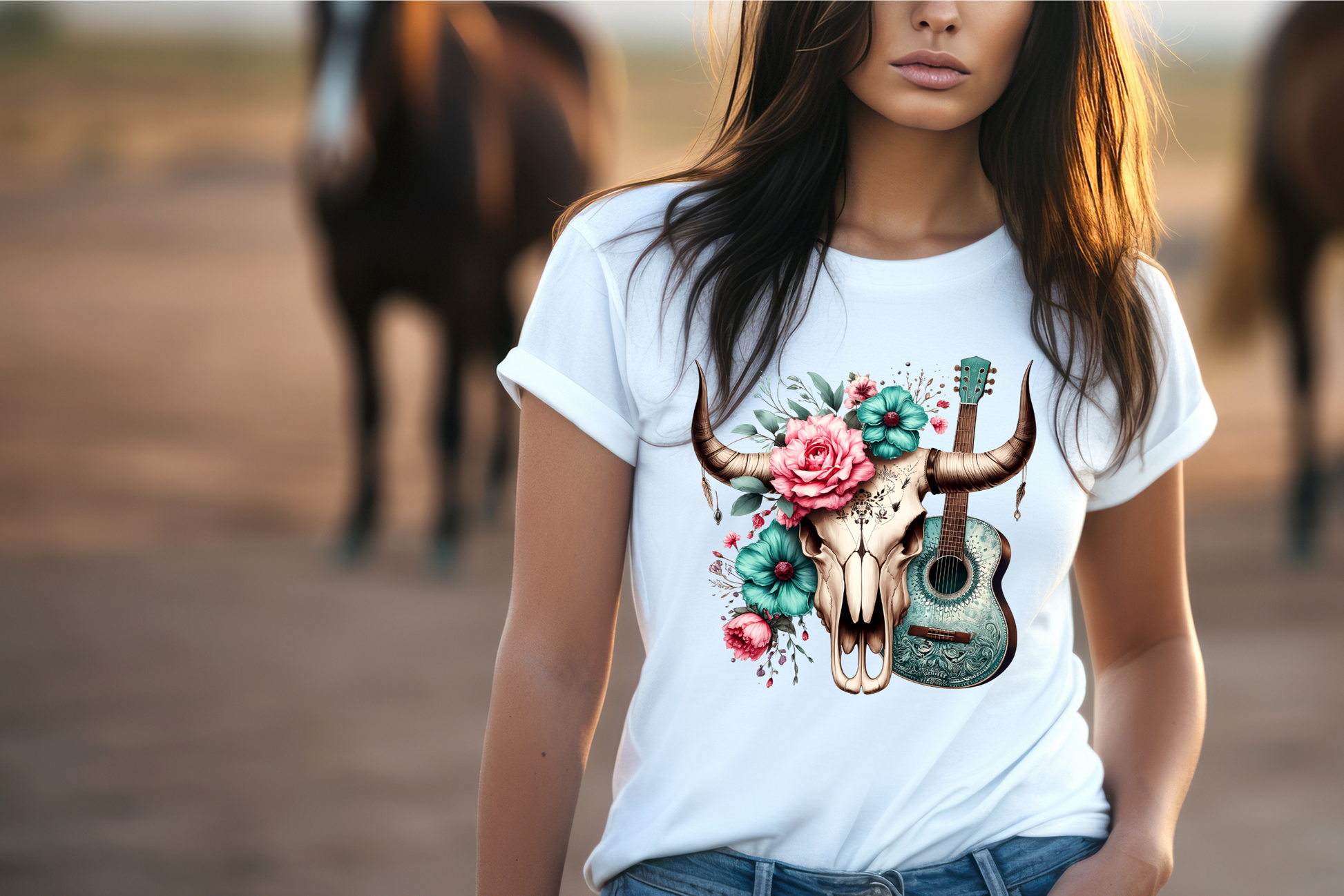 The striking design is enhanced by vibrant pink and teal floral accents, blending the rugged charm of the wild west with a touch of elegance.
