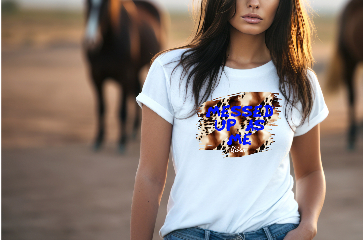 Featuring bold, distressed blue lettering that reads “MESSED UP AS ME,” this design captures the raw, edgy vibe of the song. The background showcases an abstract animal print pattern in shades of brown, tan, and black, with splashes of white adding a dynamic touch. Below the main text, “Urban” is printed in a small white font