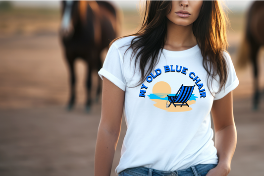 Image of a blue chair on a beach with blue text above "My old blue chair"