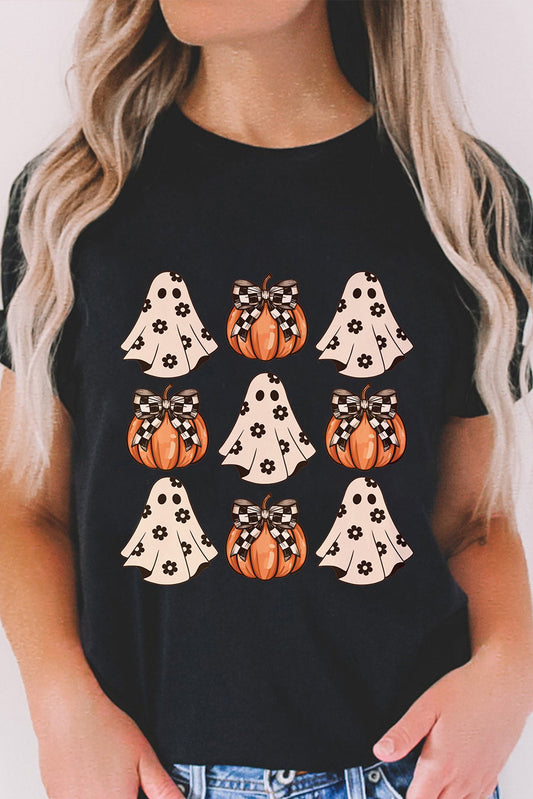 Black t-shirt with Halloween-themed graphics worn by a person