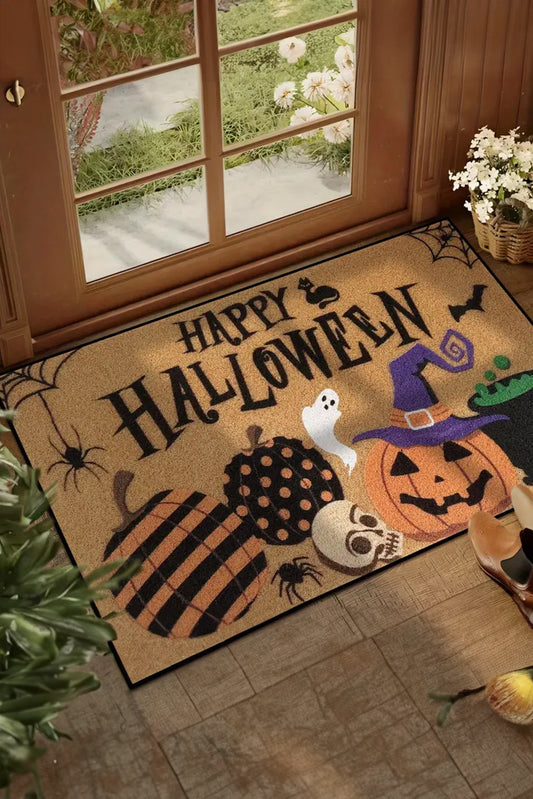 Halloween-themed doormat with pumpkins, ghosts, and a witch hat on a wooden floor.