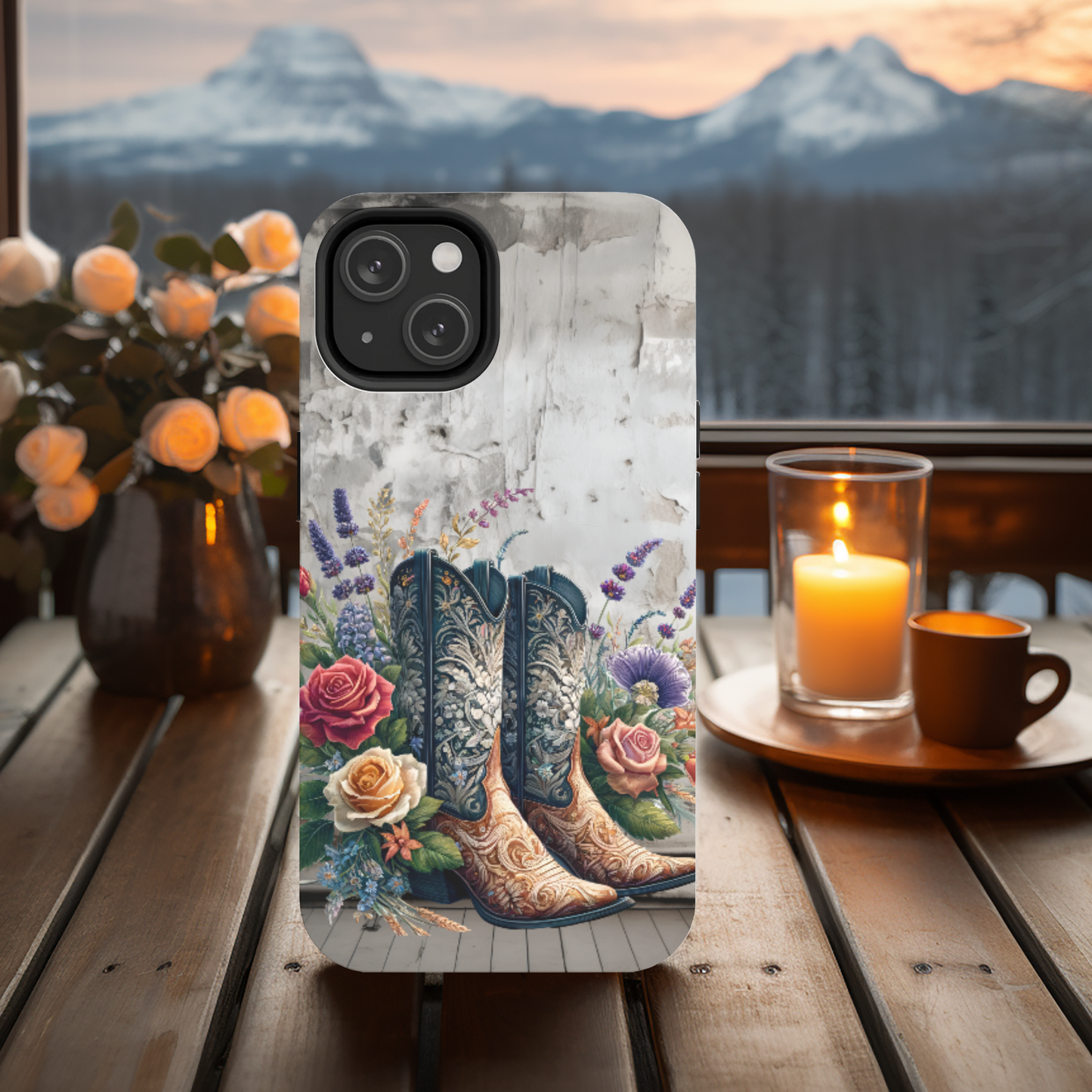 a stunning combination of colors and patterns. Surrounding the boots are vibrant, lifelike flowers including roses, lavender, and other wildflowers. The background features a textured, weathered wall, adding a vintage and rustic feel to the overall design.